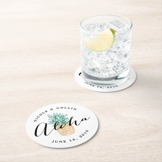 アロハ熱帯水色パイナップル ラウンドペーパーコースター (インサイチュ)