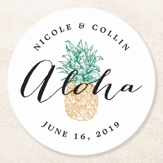 アロハ熱帯水色パイナップル ラウンドペーパーコースター (正面)