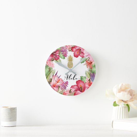 アロハ熱帯花の花のシックな金ゴールドのパイナップル ラウンド壁時計 (ホーム)