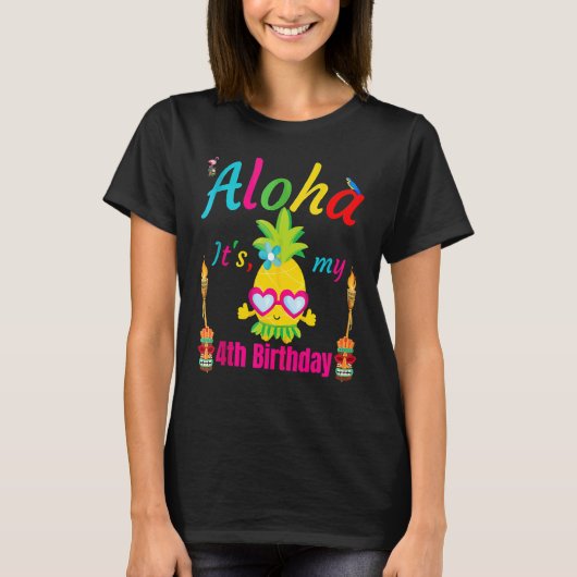 アロハ私の4歳の誕生日ハワイ4歳の女の子ルア Tシャツ (正面)