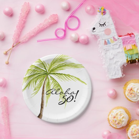 アロハ第50誕生日の大人のヤシの木のビーチのパーティー ペーパープレート (パーティー)