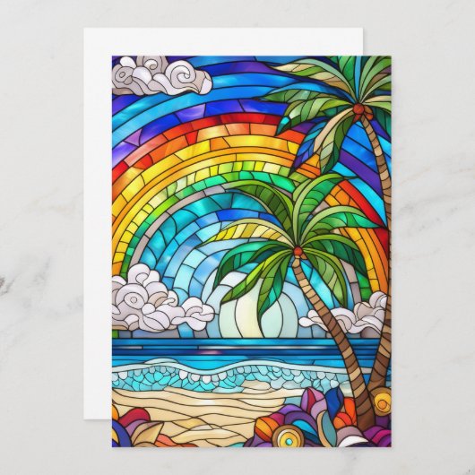 アロハ虹の空の島ステンドグラスのアートカード (正面/裏面)
