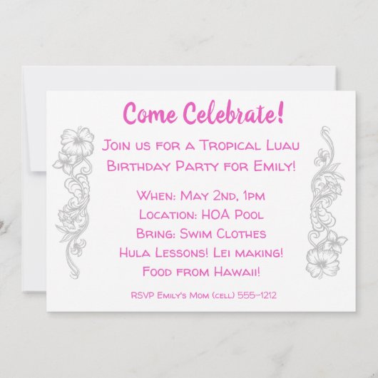 アロハ蜂蜜のルアウ（ハワイ式宴会）の招待カードブロンドのフラ女の子 招待状 (裏面)