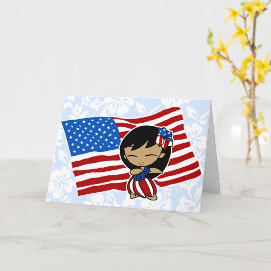 アロハ蜂蜜米国の旗のフラ女の子の挨拶状 カード (黄色い花)