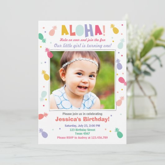 アロハ誕生日の招待トロピカルルアウ（ハワイ式宴会）パーティーガール 招待状 (スタンド正面)