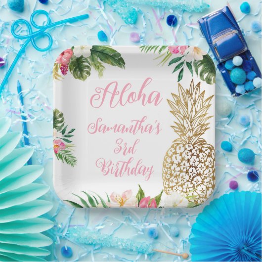 アロハ誕生日ルアウ（ハワイ式宴会）ハワイアン金ゴールドパイナップル ペーパープレート (パーティー)