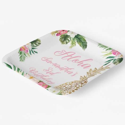 アロハ誕生日ルアウ(ハワイ式宴会)ハワイアン金ゴールドパイナップル ペーパープレート (傾斜あり)