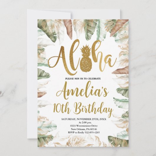 アロハ誕生日、ルアウ(ハワイ式宴会)誕生日、任意の年齢、熱帯 招待状 (正面)