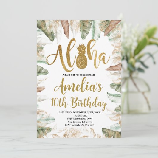 アロハ誕生日、ルアウ（ハワイ式宴会）誕生日、任意の年齢、熱帯 招待状 (スタンド正面)