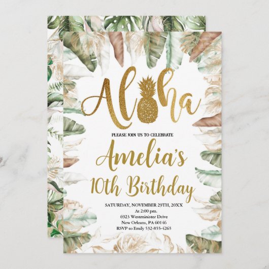 アロハ誕生日、ルアウ(ハワイ式宴会)誕生日、任意の年齢、熱帯 招待状 (正面/裏面)