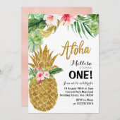 アロハ金ゴールドパイナップルファースト誕生日招待状 招待状 (正面/裏面)