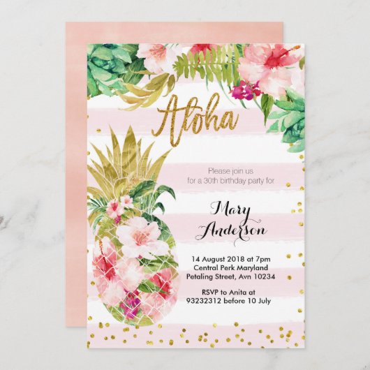 アロハ金ゴールドパイナップル誕生日招待状大人 招待状 (正面/裏面)