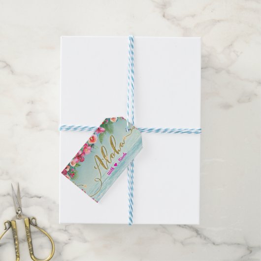 アロハ金ゴールド熱帯ビーチハイビスカスフローラ ギフトタグ (より糸つき)