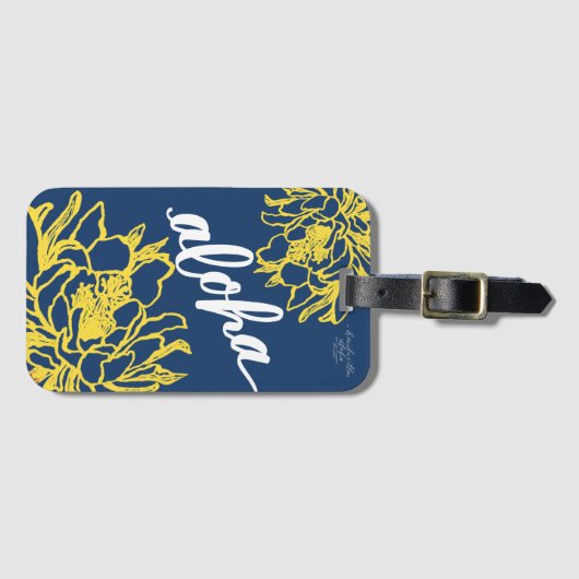 アロハ黄色いCereusが付いている青によっては荷物のラベルが開花します ラゲッジタグ (正面横)