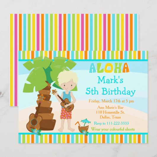アロハ かわいい 金髪の少年 誕生日パーティー 招待状 (正面/裏面)