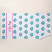 アロハ！キュートティール（緑がかった色）ブルートロピカルフラワービーチタオル ビーチタオル (正面)