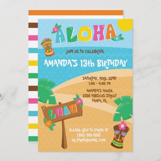 アロハ！トロピカルハワイルアウ（ハワイ式宴会）をテーマにした誕生日パーティー 招待状 (正面/裏面)