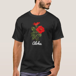 "アロハ"ハイビスカスアンティーク植物学イラストレーション Tシャツ