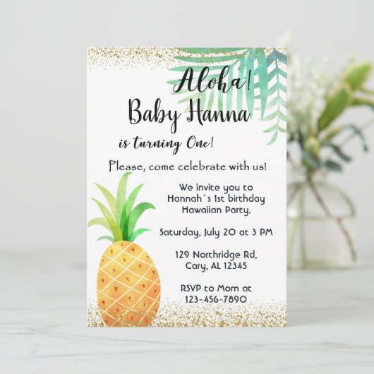 アロハ、ハワイの誕生日パーティー招待状、パイナップル。 招待状 (スタンド正面)