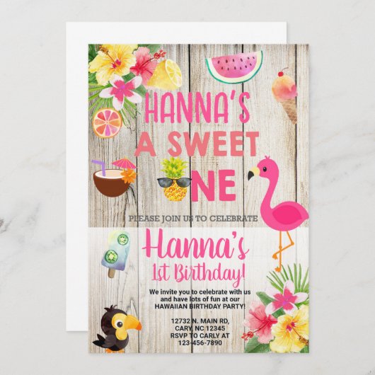 アロハ、ハワイの誕生日パーティー招待状。 招待状 (正面/裏面)