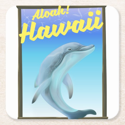 アロハ！ハワイ！イルカの旅行ポスター スクエアペーパーコースター (正面)
