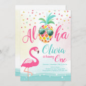 アロハ パイナップル フラミンゴ 誕生日 招待 ピンク 招待状 (正面/裏面)