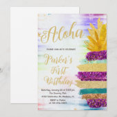 アロハ パープル ゴールド レインボー パイナップル 誕生日 招待状 (正面/裏面)