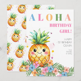 アロハ ピンク トロピカル パイナップル ハッピー 1歳の誕生日 カード