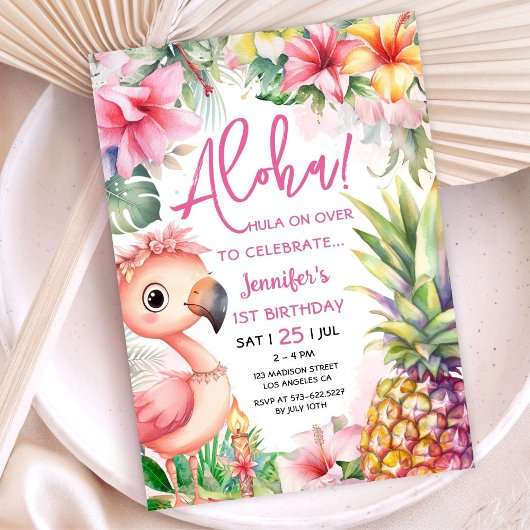 アロハ！ルアウ（ハワイ式宴会）1thバースデーピンク熱帯ハワイアン 招待状