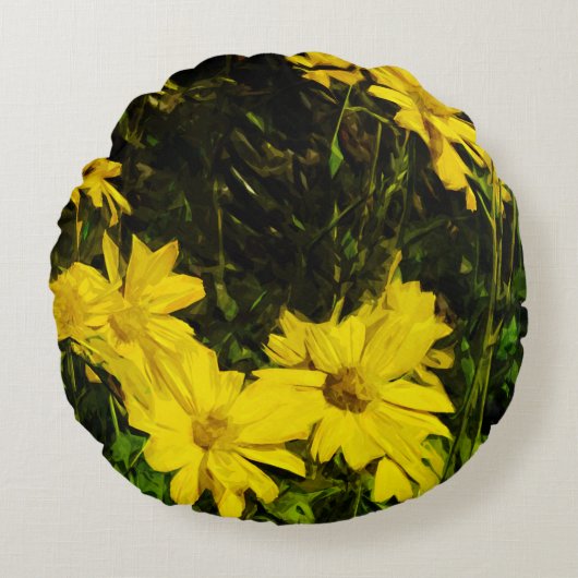 アローリーフバルサムルートイエローワイルドフラワー抽象芸術 ラウンドクッション (正面)