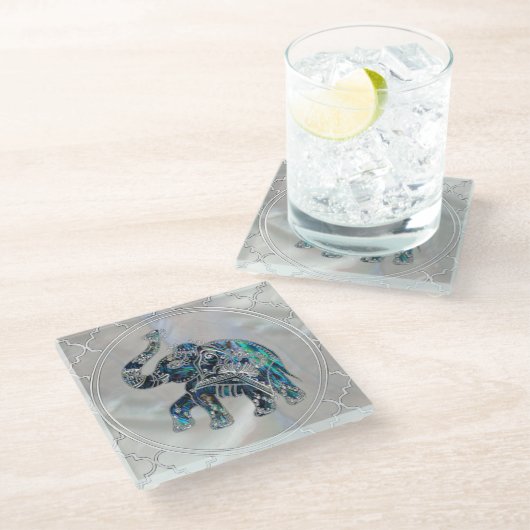 アワビおよび真珠の銀によって組み立てられる象 ガラスコースター (アングル)