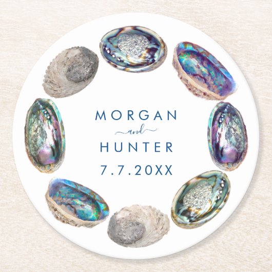 アワビカラフル貝水彩ビーチ結婚式 ラウンドペーパーコースター (正面)