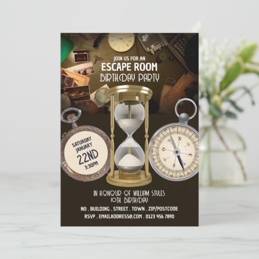 アワーガラスデザイン、エスケープルーム、バースデーパーティー 招待状 (スタンド正面)