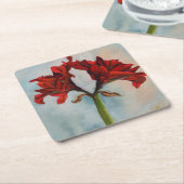「アンの贈り物」赤アマリリス花油絵 スクエアペーパーコースター (アングル)