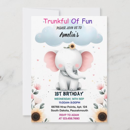 アンウッドホワイトエレファント誕生日第1誕生日 招待状 (正面)