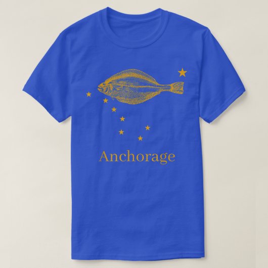 アンカレッジアラスカ州旗ハリバイ魚釣り Tシャツ (デザイン正面)