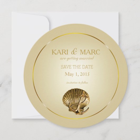 アンカーの貝殻 Save the Date | クリーム & ゴールド 招待状 (正面)