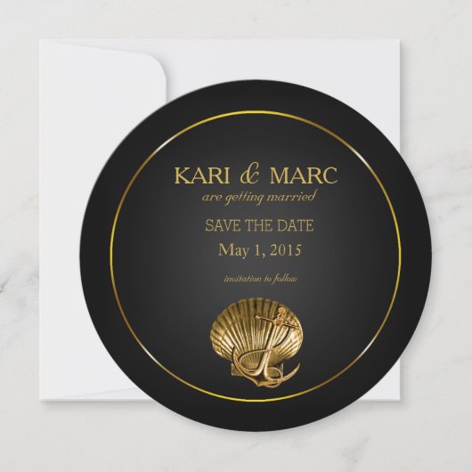 アンカーの貝殻 Save the Date | ブラック＆ゴールド 招待状 (正面)