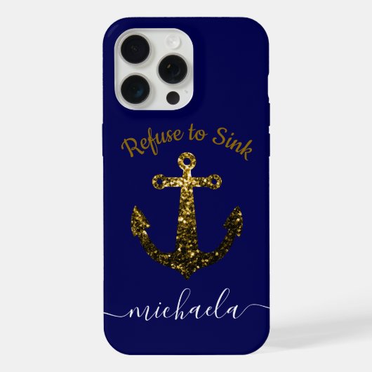 アンカーゴールドのスパークルネイビーブルーのモノグラム名 iPhoneケース (裏面)
