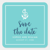 アンカー ターコイズとブルーのスクリプト Save the Date スクエアシール (正面)
