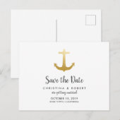 アンカー ナウティカル フェイクゴールド フォイル | セーブ・ザ・デート 案内ポストカード (正面/裏面)