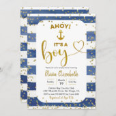 アンカー ネイビーブルー ゴールドストライプ 男の子が生まれました 招待状 (正面/裏面)