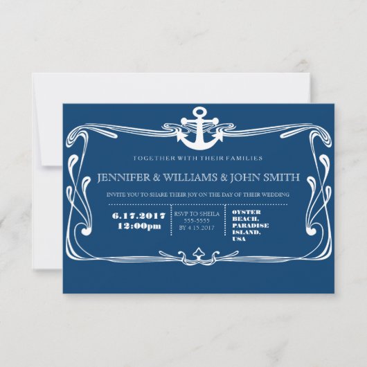 アンカー ネイビーブルー デスティネーション ウェディング 招待状 (正面)