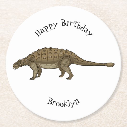 アンキロザウルス漫画イラストレーション ラウンドペーパーコースター (正面)