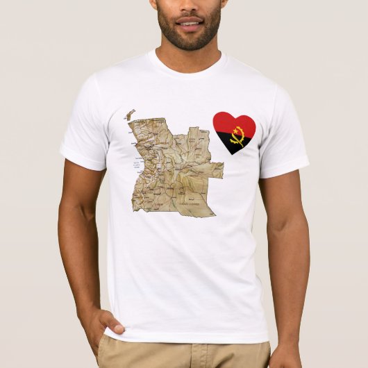 アンゴラ国旗のハートと地図Tシャツ Tシャツ (正面)
