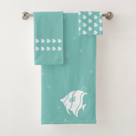 アンジェフィッシュ潮汐ティール（緑がかった色）ブルー&ホワイト沿岸の装飾 バスタオルセット