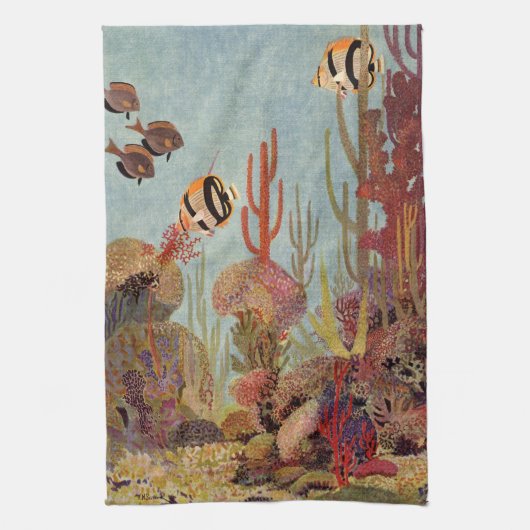 アンジェルフィッシュinサンゴ、ヴィンテージ熱帯魚in海 キッチンタオル (縦)