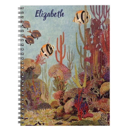 アンジェルフィッシュinサンゴ、ヴィンテージ熱帯魚in海 ノートブック (正面)