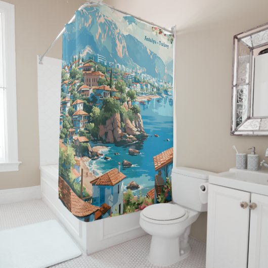 アンタルヤトルキーアートヴィンテージイラストレーション旅行 シャワーカーテン (インサイチュ)