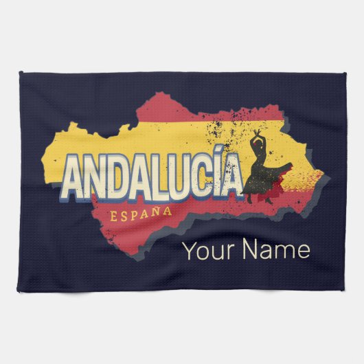 アンダルシアスペインレトロマップヴィンテージフラメンコホリデー キッチンタオル (横)